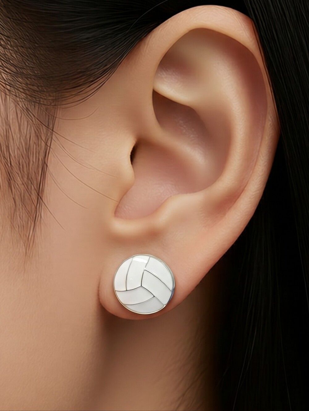 White Volleyball Stud Earrings 🏐 Enamel Silver Sports Mom Athlete Jewelry Glam